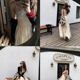 Flytonn-y2k outfits French Elegant Luxury Lace Spliced Black Slip Dress Summer New High end Sleeveless Waist Slimming A-line Long Dress for Women