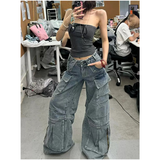 Flytonn-Blue Womens Jeans High Waist Vintage Straight Baggy Denim Pants Streetwear American Design Sense Fashion Wide Leg Denim Trouser