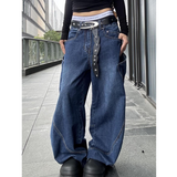 Flytonn-2024 Blue Women's Jeans Hip-hop Fashion Vintage Streetwear Y2K Wide Leg Straight Jean High Waist Trouser Baggy Cargo Denim Pants