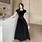 Flytonn-y2k outfits Summer New Korean Fashion Short Sleeve Black Dress for Women French Elegant Commuting Waist Belt Slimming A-line Long Dress