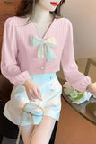 Flytonn-cute winter outfits casual winter outfits christmas outfit party look inspos Long Sleeve V-Neck Cute Bow Blouse Shirt