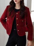 Flytonn-cute winter outfits casual winter outfits christmas outfit party look inspos Long Sleeve Wine Red Color Elegant Tweed Jacket