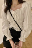 Flytonn-cute winter outfits casual winter outfits christmas outfit party look inspos Long Sleeve Lace Tie Cute Blouse Shirts