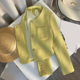 Flytonn-cute winter outfits casual winter outfits christmas outfit party look inspos Long Sleeve Yellow Cropped Elegant Tweed Jacket