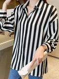 Flytonn-cute winter outfits casual winter outfits christmas outfit party look inspos Long Sleeve Black White Striped Blouse Shirt