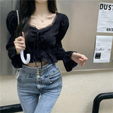 Flytonn-cute winter outfits casual winter outfits christmas outfit party look inspos Long Sleeve Lace Tie Cropped Blouse Shirts