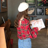 Flytonn-cute winter outfits casual winter outfits christmas outfit party look inspos Plaid Backless Lace Up Lantern Sleeve Shirt