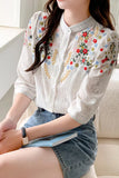 Flytonn-cute winter outfits casual winter outfits christmas outfit party look inspos Long Sleeve Stand Collar Flower Embroidered Blouse Shirt