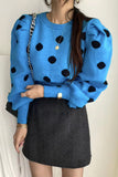 Flytonn-cute winter outfits casual winter outfits christmas outfit party look inspos Puff Sleeve Dot Pattern Knitted Sweater