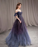 Flytonn-Cyber Monday Christmas party outfits Dark starry sky purple tulle long prom dress purple evening dress BD19