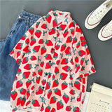 Flytonn-cute winter outfits casual winter outfits christmas outfit party look inspos Cute Strawberry Printed Short Sleeve Blouse Shirt