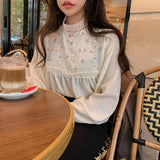 Flytonn-cute winter outfits casual winter outfits christmas outfit party look inspos Long Sleeve Lace Stand Collar Floral Embroidery Shirt