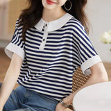 Flytonn-cute winter outfits casual winter outfits christmas outfit party look inspos Retro Doll Collar Short Sleeve Striped Shirt