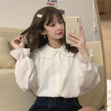 Flytonn-cute winter outfits casual winter outfits christmas outfit party look inspos Long Sleeve Doll Collar Wrinkled Blouse Shirt