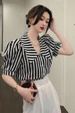 Flytonn-cute winter outfits casual winter outfits christmas outfit party look inspos Striped Puff Sleeve Turn Down Collar Blouse Shirt