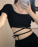 Flytonn-cute winter outfits casual winter outfits christmas outfit party look inspos Cross Straps Slim Fit Cropped Shirt