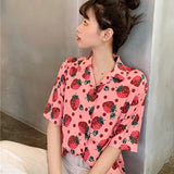 Flytonn-cute winter outfits casual winter outfits christmas outfit party look inspos Strawberry Printed Short Sleeve Blouse Shirt