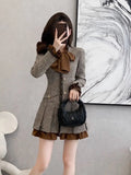 Flytonn-y2k outfits Bow Long Sleeve Dress Women Autumn and Winter New French Style Light Luxury Splicing Fake Two Piece Slimming Pleated Mini Dress