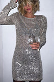 Flytonn-nye outfits Sparkly Round Neck Long Sleeve Bodycon Sequin Party Mini Dress - Silver