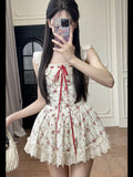 Flytonn-y2k outfits Summer Rose Countryside Style Waist Slimming Fragmented Flower Dress French Lace Sweet Princess A-line Short Dresses for Women