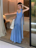 Flytonn-y2k outfits Blue Irregular Spliced Folded A-line Long Dress Summer Beach Style French Waist Slimming Large hem V-neck Slip Dress for Women