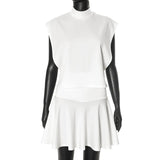 Flytonn Short Skirt Two Piece Sets Female Half Turtleneck Sleeveless Top Pleated Skirt Sexy White Casual Matching Set 2025 New