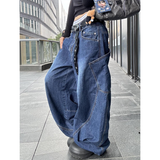 Flytonn-2024 Blue Women's Jeans Hip-hop Fashion Vintage Streetwear Y2K Wide Leg Straight Jean High Waist Trouser Baggy Cargo Denim Pants