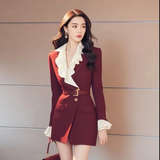 Flytonn-y2k outfits Autumn Women Dress Formal Occasion High end French Style Long sleeved Spliced Ruffle Waist Slimming Short Suit Dress for Women