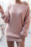 Flytonn-nye outfits Cozy Winter Boat Neck Long Sleeve Textured Sweater Mini Dress - Pink