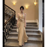 Flytonn-y2k outfits French Vintage Hanging Neck Sleeveless Rose Sexy Slip Dress Gold High end Elegant Waist Slimming Evening Long Dress for Women