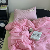 Flytonn-2025 Spring Bedding Set Ins Style Nordic Bedding Set No Filling Duvet Cover Pillowcase with Cute Eye Embroidered Solid Color Single Queen Size Bed Linen