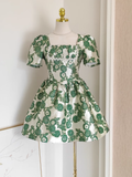 Flytonn-Valentines Gift party dress Cute A line Short Sleeves Satin Green Floral Cocktail Dress Short Birthday Outfits Fly400