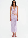 Flytonn Lace V-Neck See-Through 2 Piece-Set Maxi Skirt Female Sleeveless Cropped Hollow Out Top And Sexy Ladies Long Skirt Summer