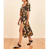 Flytonn-BACK TO SCHOOL OUTFIT Women Short Sleeve Summer Dress Vintage Floral Print Dress Sweetheart Neck Side Slit Sexy Belted Elegant Midi Dress Sundress