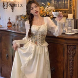 Flytonn-y2k outfits High end French Vintage Lace White Bodycon Dress Spring New Temperament Sweet Long Sleeve Waist Slimming Long Dresses for Women