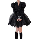 Flytonn-y2k outfits French High end Mesh Spliced Sheep Leg Sleeves Suit Coat Female Autumn Waist Slimming Bow Black Fluffy Short Dress for Women