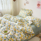 Flytonn-2025 Spring Bedding Set Cute Floral Duvet Cover Set Ins Korean Style with Flat Sheet Pillowcase No filler Washed Cotton Queen Double Home Bed Linens