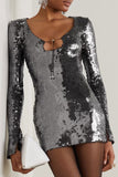 Flytonn-nye outfits Sparkly Tie Neck Split Sleeve Bodycon Sequin Party Mini Dress - Black Gray