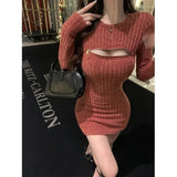 Flytonn-Sweet Hot Girl Zipper Hollowed Out Pit Stripe Dress for Women's Winter Sexy Slim Fit Hip Wrap Short Dress Fashion Female Clothes