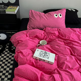 Flytonn-2025 Spring Bedding Set Ins Style Nordic Bedding Set No Filling Duvet Cover Pillowcase with Cute Eye Embroidered Solid Color Single Queen Size Bed Linen