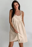 Flytonn-nye outfits Cute Tiered Ruffle Empire Waist Linen Mini Summer Sundress - Khaki