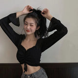 Spring Outfits Back To School Outfits Flytonn Sexy Slash Neck Shirts Women Korean Black Cropped Pleated Puff Long Sleeve Blouses Summer White Off Shoulder Crop Tops New