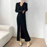 Flytonn-y2k outfits Fashion Simple Solid Color Autumn/Winter Retro High Collar Single breasted Waist Slimming Knitted Cardigan Long Dress for Women