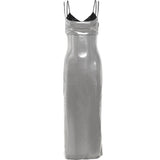 Flytonn-y2k outfits Spicy Girl Style Silver Slip Dress Sexy Split Slimming Long Dresses for Women with Sequin Decoration Versatile Strap Tank Top