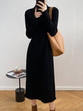 Flytonn-Black Friday Sale - Long Sleeves Loose Fringed Solid Color Mock Neck Midi Dresses Sweater Dresses