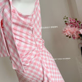 Flytonn-y2k outfits Summer Halter Off Shoulder Pink Plaid Sleeveless Dress Irregular Bow Design Sweet Girl Waist Slimming Short Dress for Women