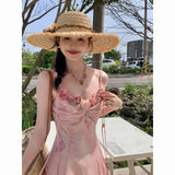 Flytonn-y2k outfits French Sweet Countryside Style Gentle 3D Rose Fold Design Printed Long Dresses Summer High Waist Slim Suspended Dress for Women