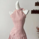 Flytonn-y2k outfits Pink Plaid Hanging Neck Backless Sleeveless Short Dress for Women Spring French Bow Sweet Slim Tight Waist A-line Pleated Dress