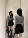 Flytonn-y2k outfits Hot Girl Fake Two piece Spliced Long Sleeve Hollow Bow Sexy Dress for Women Spring New Square Neck Lace Slim Wrap Hip Mini Dress