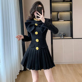 Flytonn-y2k outfits Autumn/Winter New High end Light Luxury Short Pleated Dress Light Mature Style Big Bow Short Checkered Woolen Dress for Women